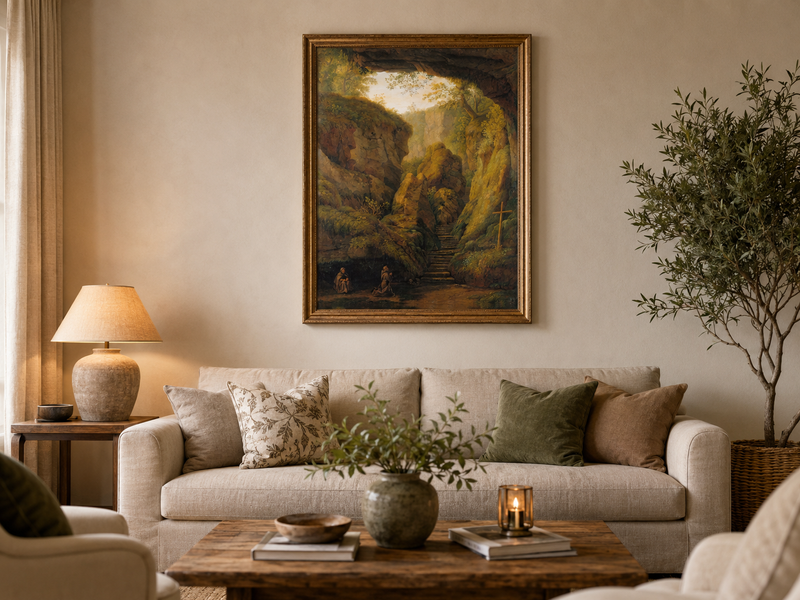 Peinture à l'huile de paysage - Intérieur de grotte, escaliers de canyon, prière