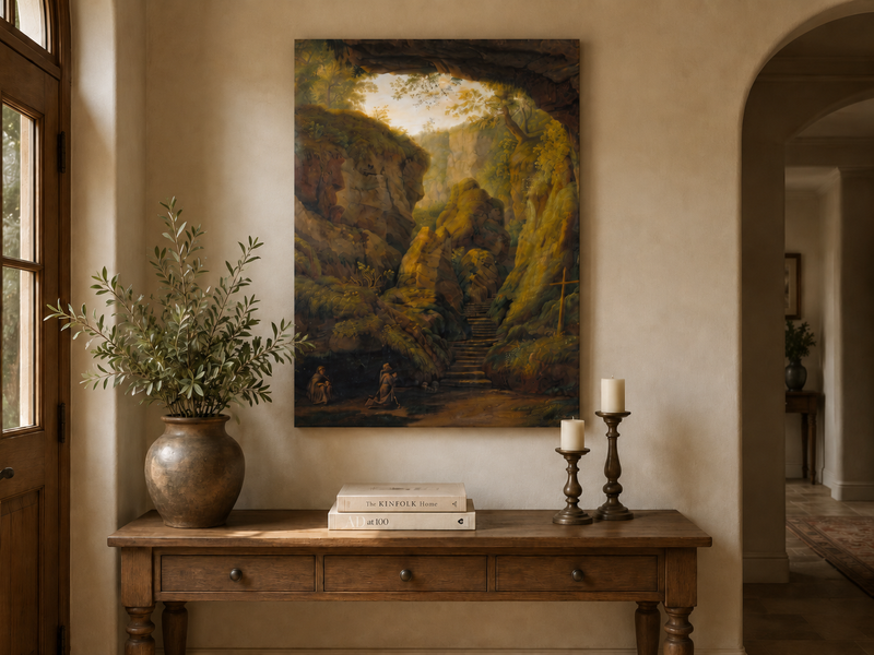 Peinture à l'huile de paysage - Intérieur de grotte, escaliers de canyon, prière