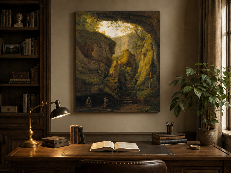 Peinture à l'huile de paysage - Intérieur de grotte, escaliers de canyon, prière