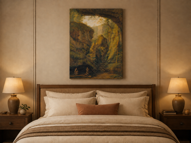 Peinture à l'huile de paysage - Intérieur de grotte, escaliers de canyon, prière