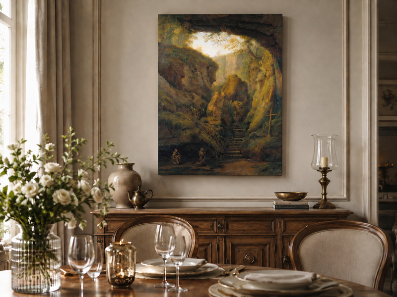 Peinture à l'huile de paysage - Intérieur de grotte, escaliers de canyon, prière