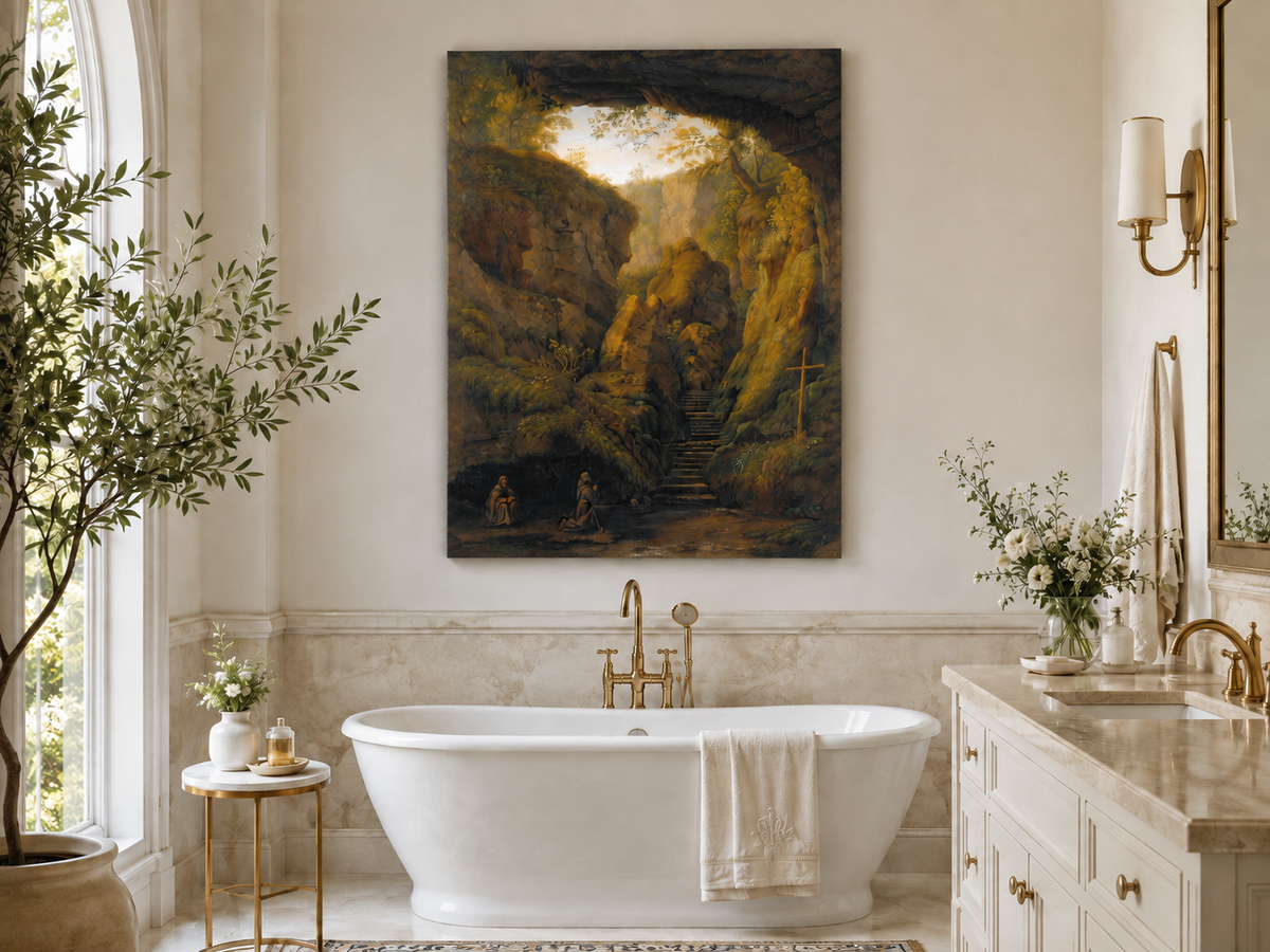 Peinture à l'huile de paysage - Intérieur de grotte, escaliers de canyon, prière