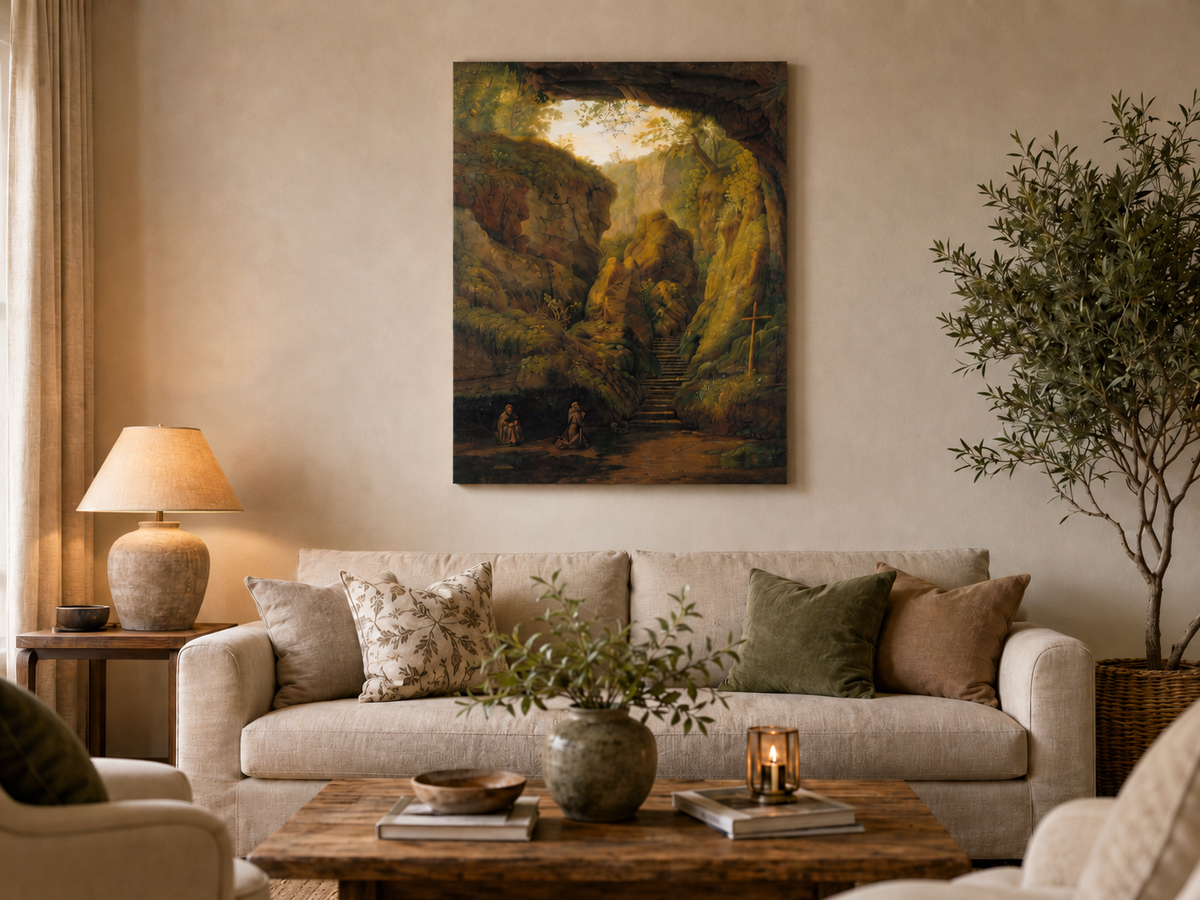 Peinture à l'huile de paysage - Intérieur de grotte, escaliers de canyon, prière