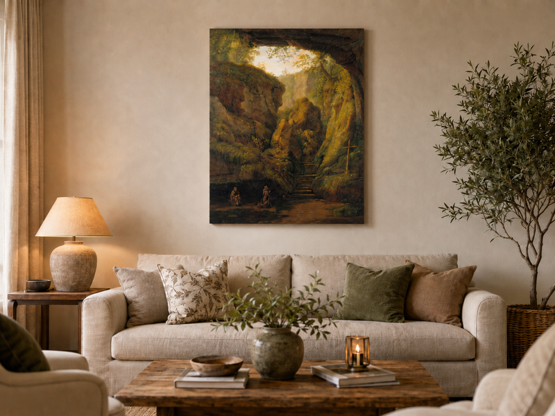 Peinture à l'huile de paysage - Intérieur de grotte, escaliers de canyon, prière