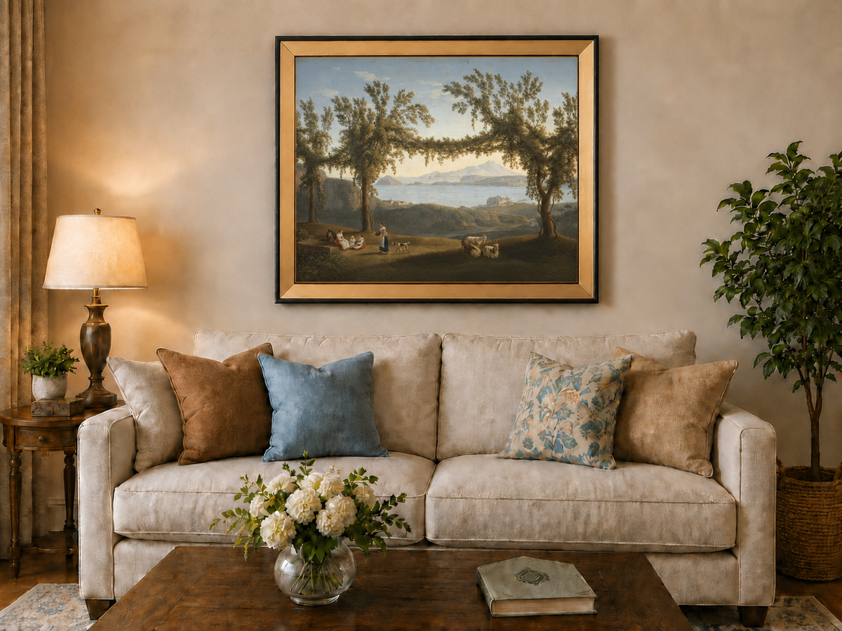 Peinture à l'huile de paysage - arches d'arbres de laurier côtier, personnages et chèvres au repos
