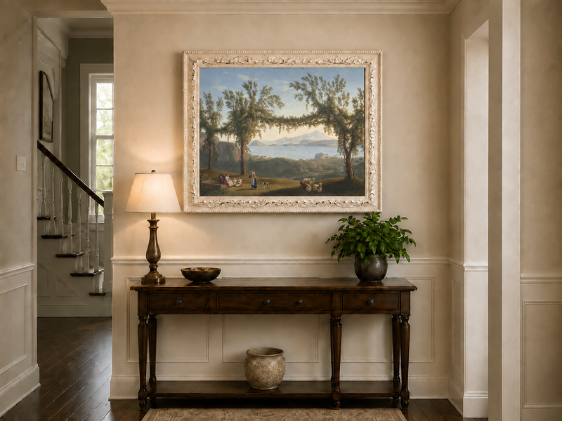 Peinture à l'huile de paysage - arches d'arbres de laurier côtier, personnages et chèvres au repos