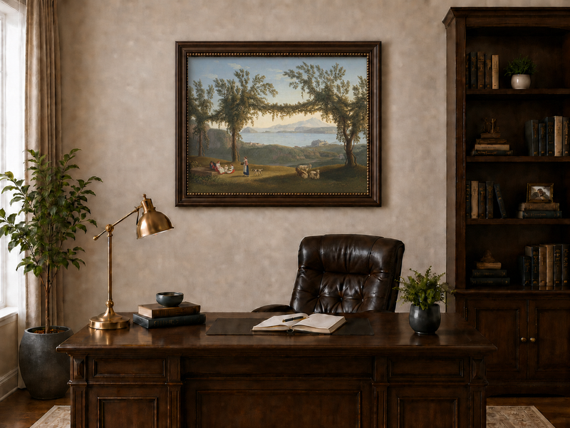 Peinture à l'huile de paysage - arches d'arbres de laurier côtier, personnages et chèvres au repos