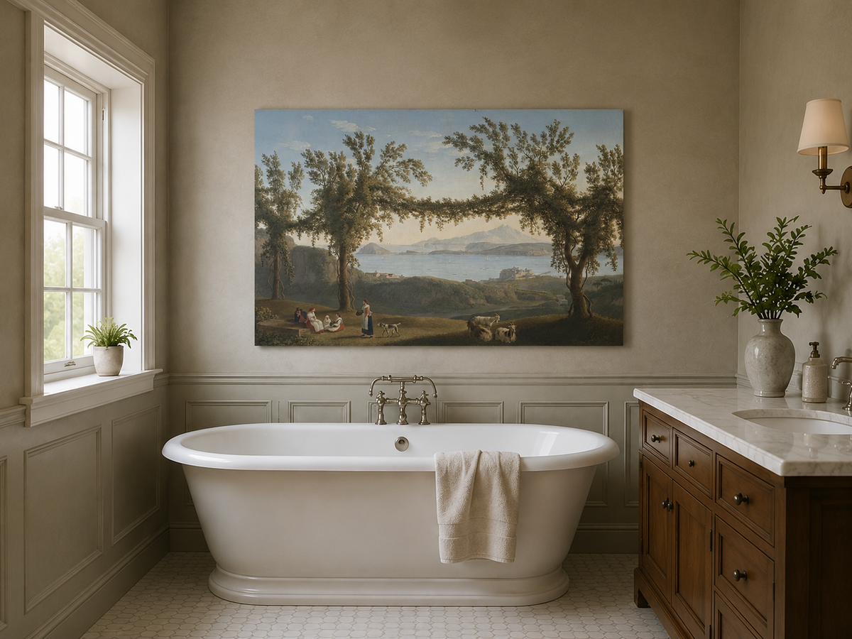 Peinture à l'huile de paysage - arches d'arbres de laurier côtier, personnages et chèvres au repos