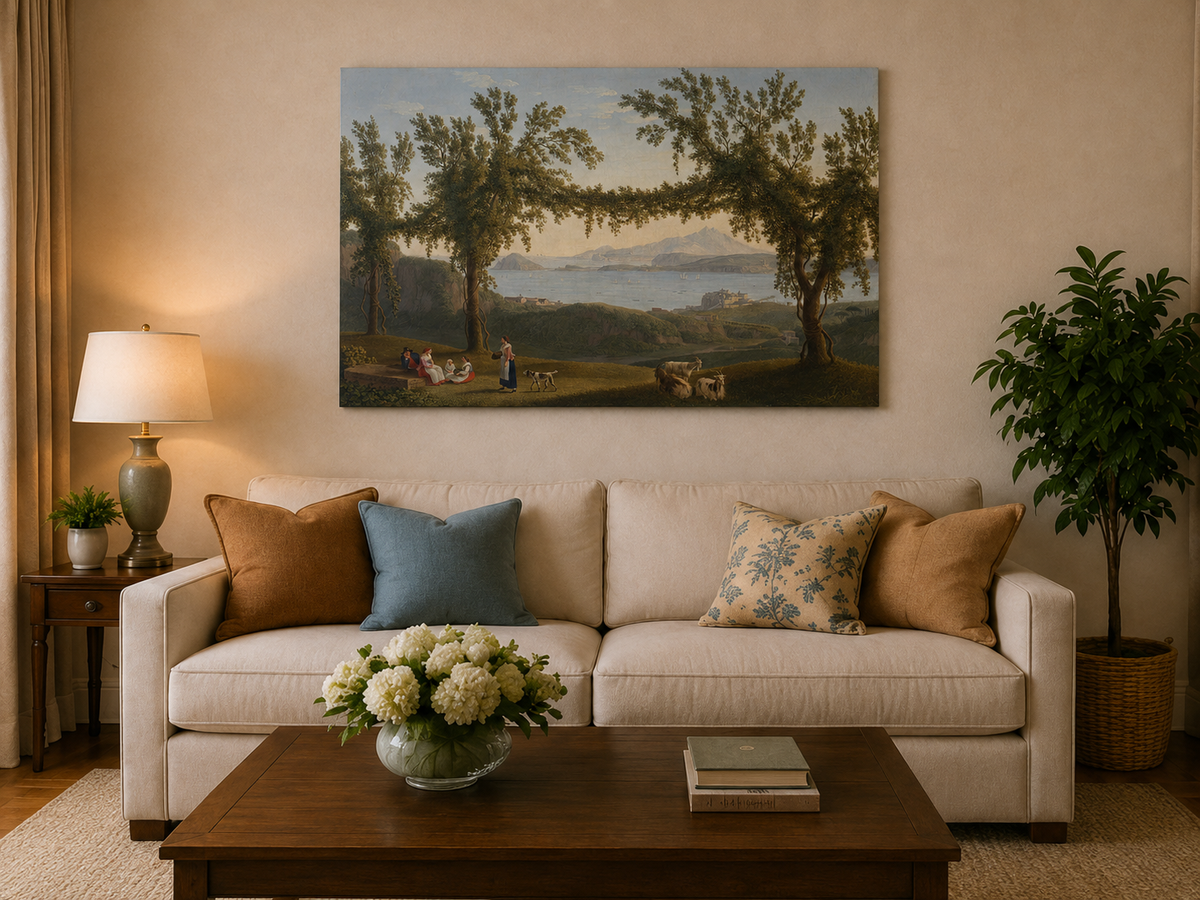 Peinture à l'huile de paysage - arches d'arbres de laurier côtier, personnages et chèvres au repos