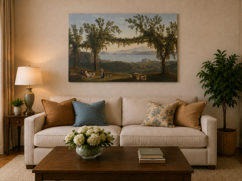 Peinture à l'huile de paysage - arches d'arbres de laurier côtier, personnages et chèvres au repos