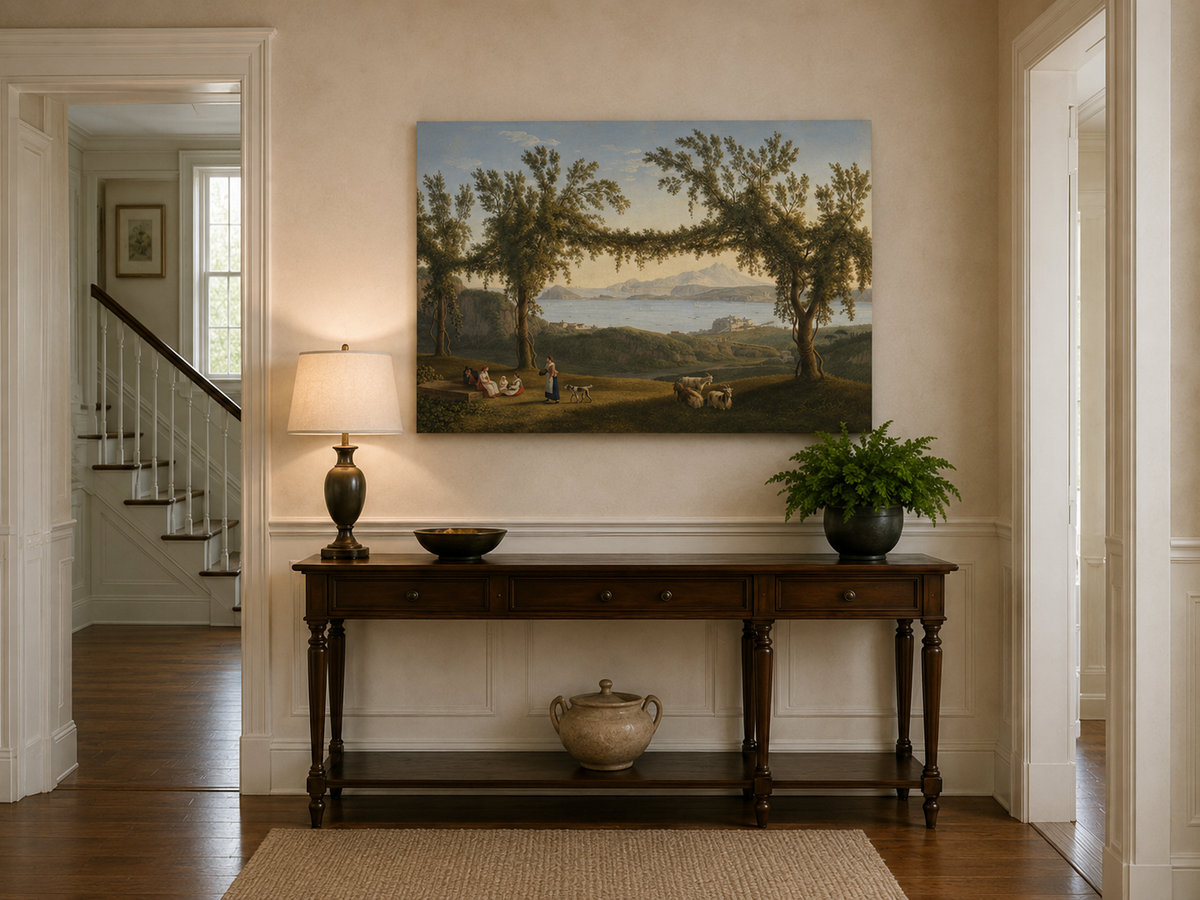 Peinture à l'huile de paysage - arches d'arbres de laurier côtier, personnages et chèvres au repos