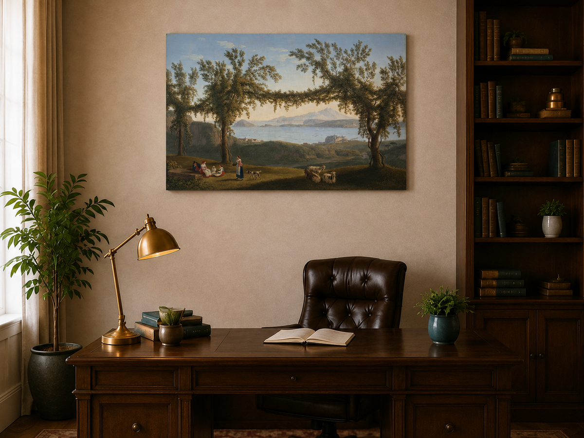 Peinture à l'huile de paysage - arches d'arbres de laurier côtier, personnages et chèvres au repos