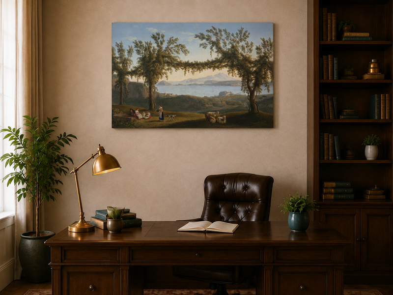 Peinture à l'huile de paysage - arches d'arbres de laurier côtier, personnages et chèvres au repos