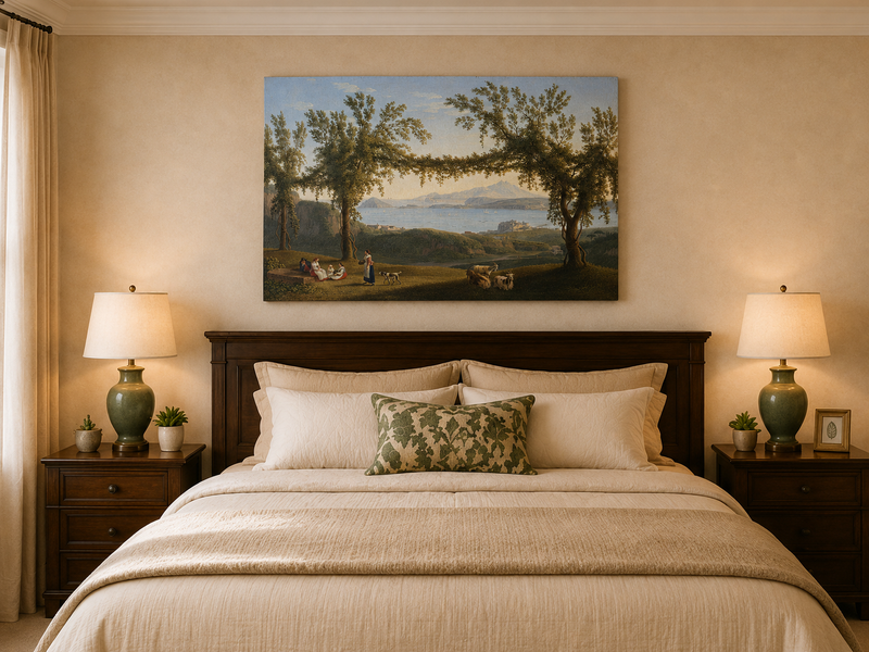Peinture à l'huile de paysage - arches d'arbres de laurier côtier, personnages et chèvres au repos