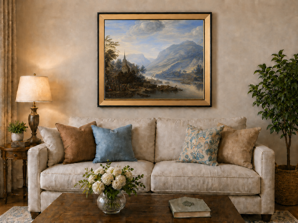 Peinture à l'huile de paysage - Village côtier avec phare et coucher de soleil