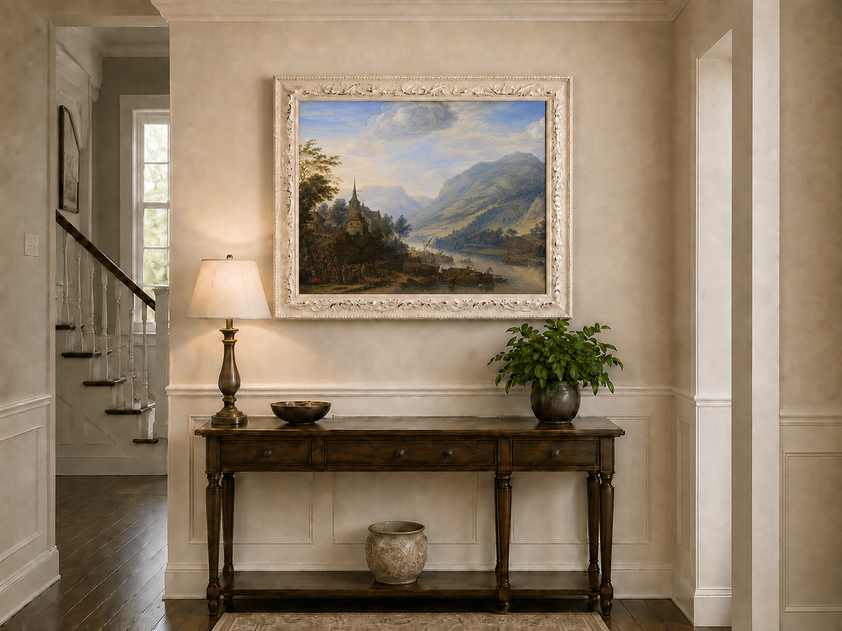Peinture à l'huile de paysage - Village côtier avec phare et coucher de soleil