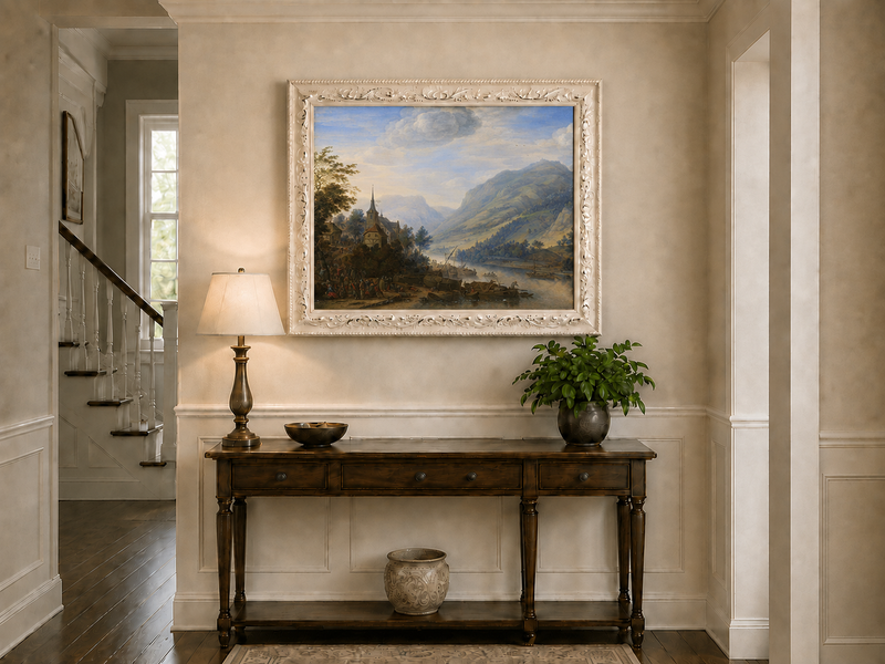 Peinture à l'huile de paysage - Village côtier avec phare et coucher de soleil
