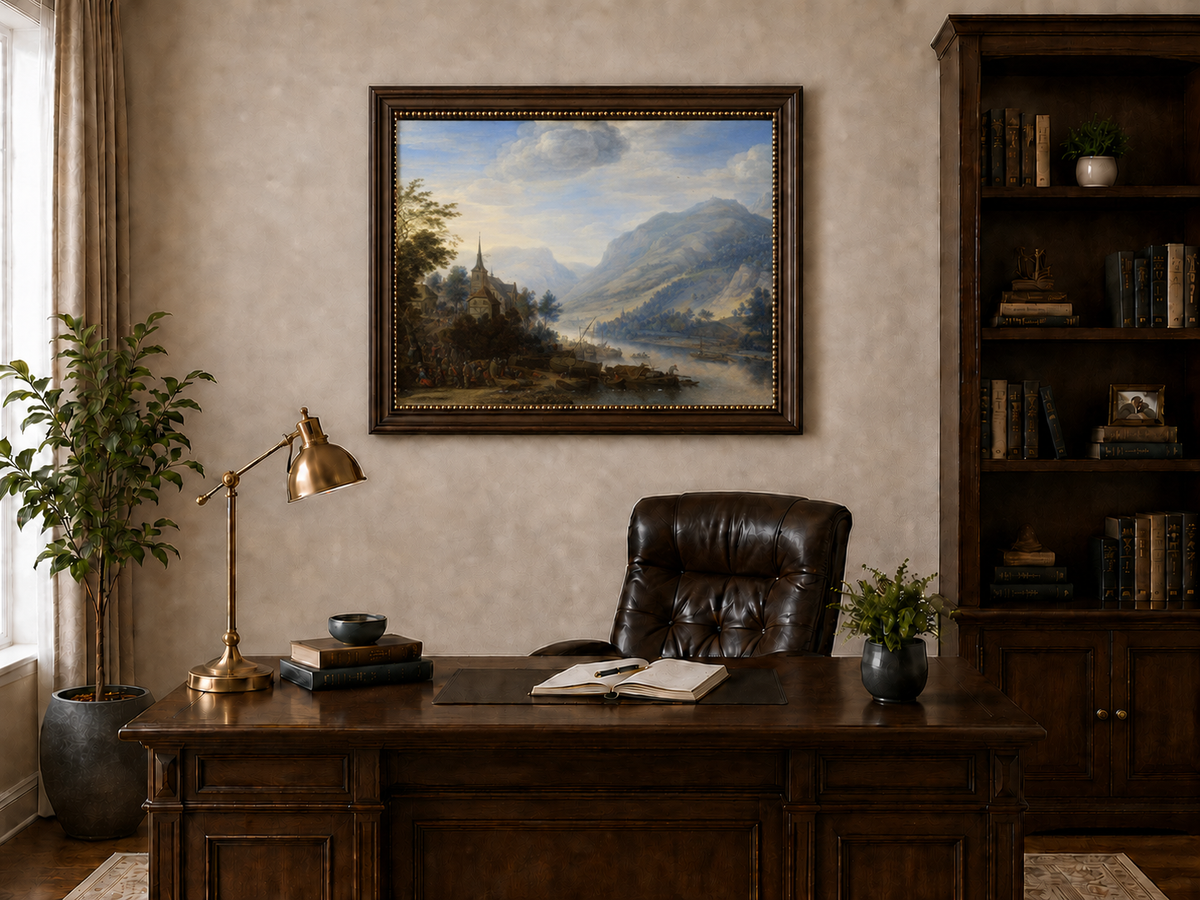 Peinture à l'huile de paysage - Village côtier avec phare et coucher de soleil