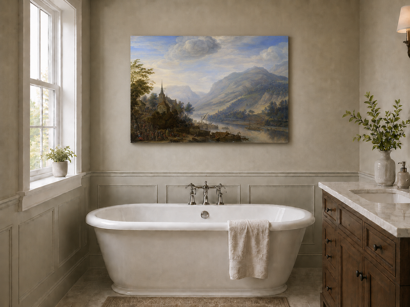 Peinture à l'huile de paysage - Village côtier avec phare et coucher de soleil