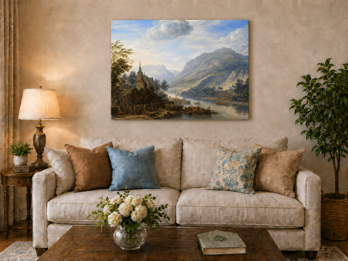 Peinture à l'huile de paysage - Village côtier avec phare et coucher de soleil