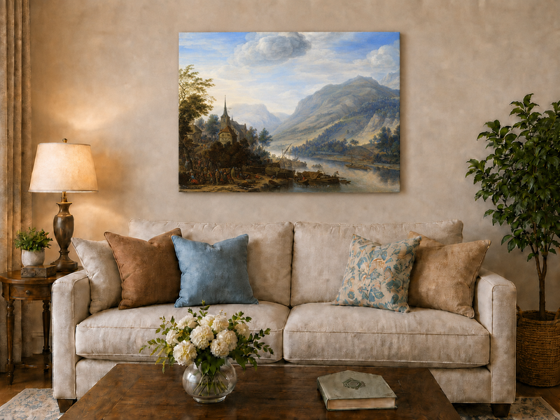 Peinture à l'huile de paysage - Village côtier avec phare et coucher de soleil