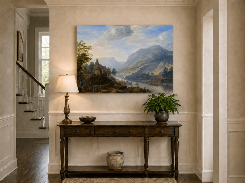 Peinture à l'huile de paysage - Village côtier avec phare et coucher de soleil