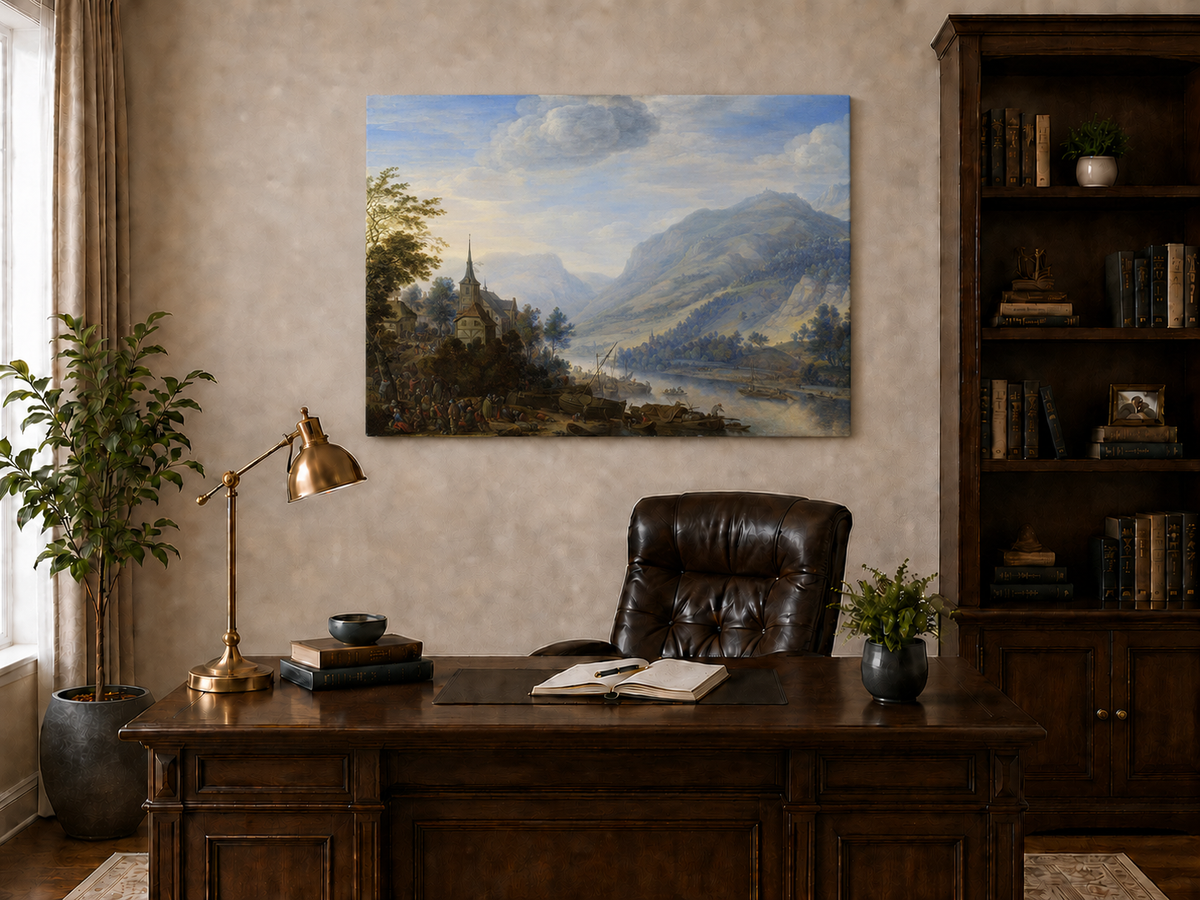 Peinture à l'huile de paysage - Village côtier avec phare et coucher de soleil