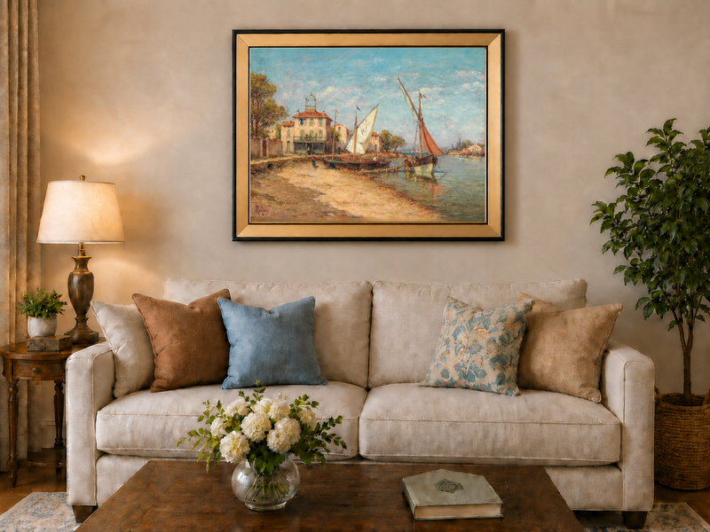 Peinture à l'huile de paysage - Gouffre rocheux spectaculaire avec personnages