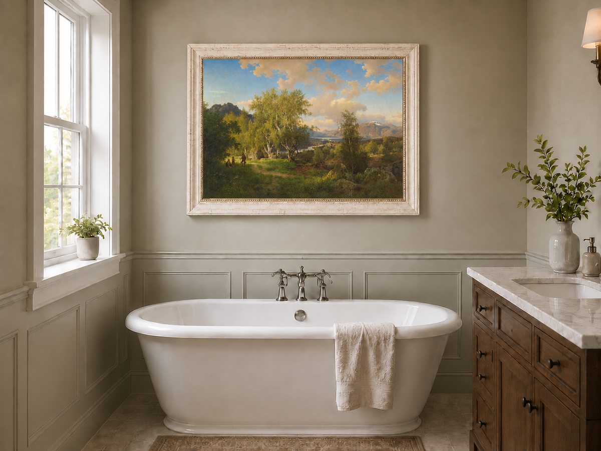 Landscape Oil Painting - Sunlit Birch Grove & Mountain Lake