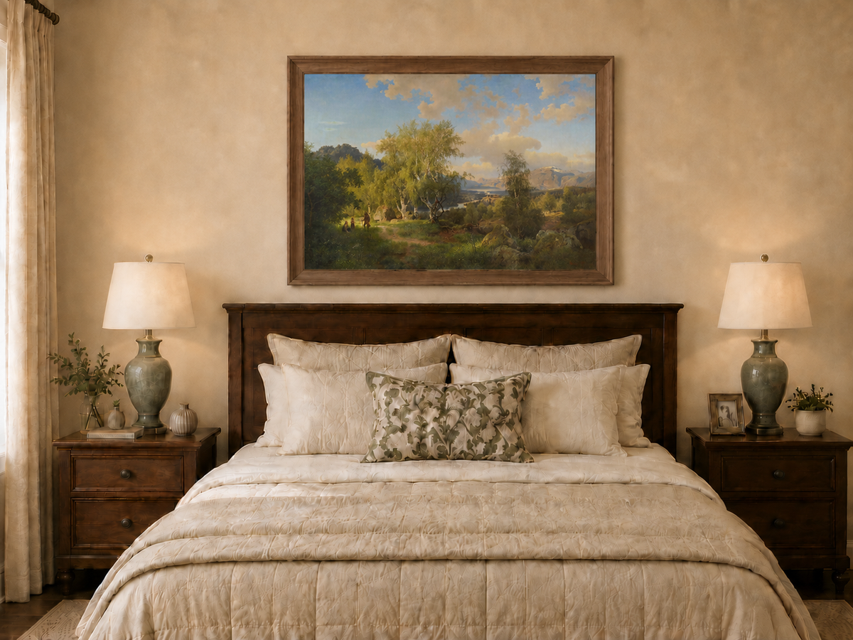 Landscape Oil Painting - Sunlit Birch Grove & Mountain Lake
