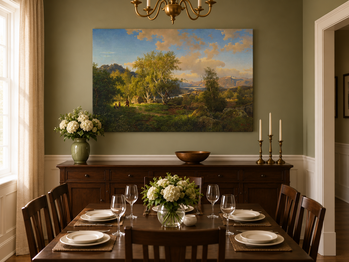 Landscape Oil Painting - Sunlit Birch Grove & Mountain Lake