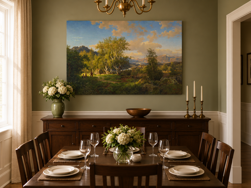Landscape Oil Painting - Sunlit Birch Grove & Mountain Lake