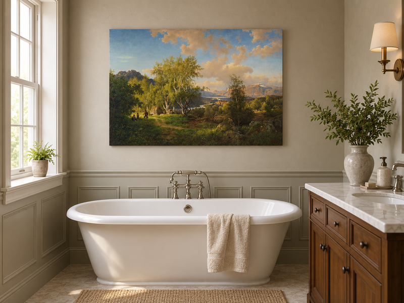 Landscape Oil Painting - Sunlit Birch Grove & Mountain Lake