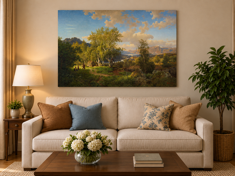 Landscape Oil Painting - Sunlit Birch Grove & Mountain Lake