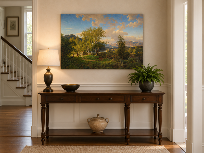 Landscape Oil Painting - Sunlit Birch Grove & Mountain Lake