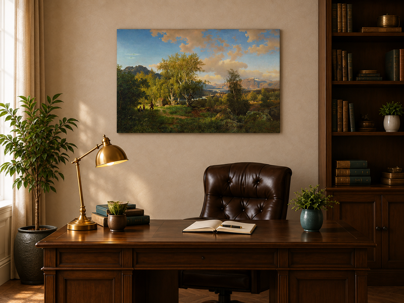 Landscape Oil Painting - Sunlit Birch Grove & Mountain Lake