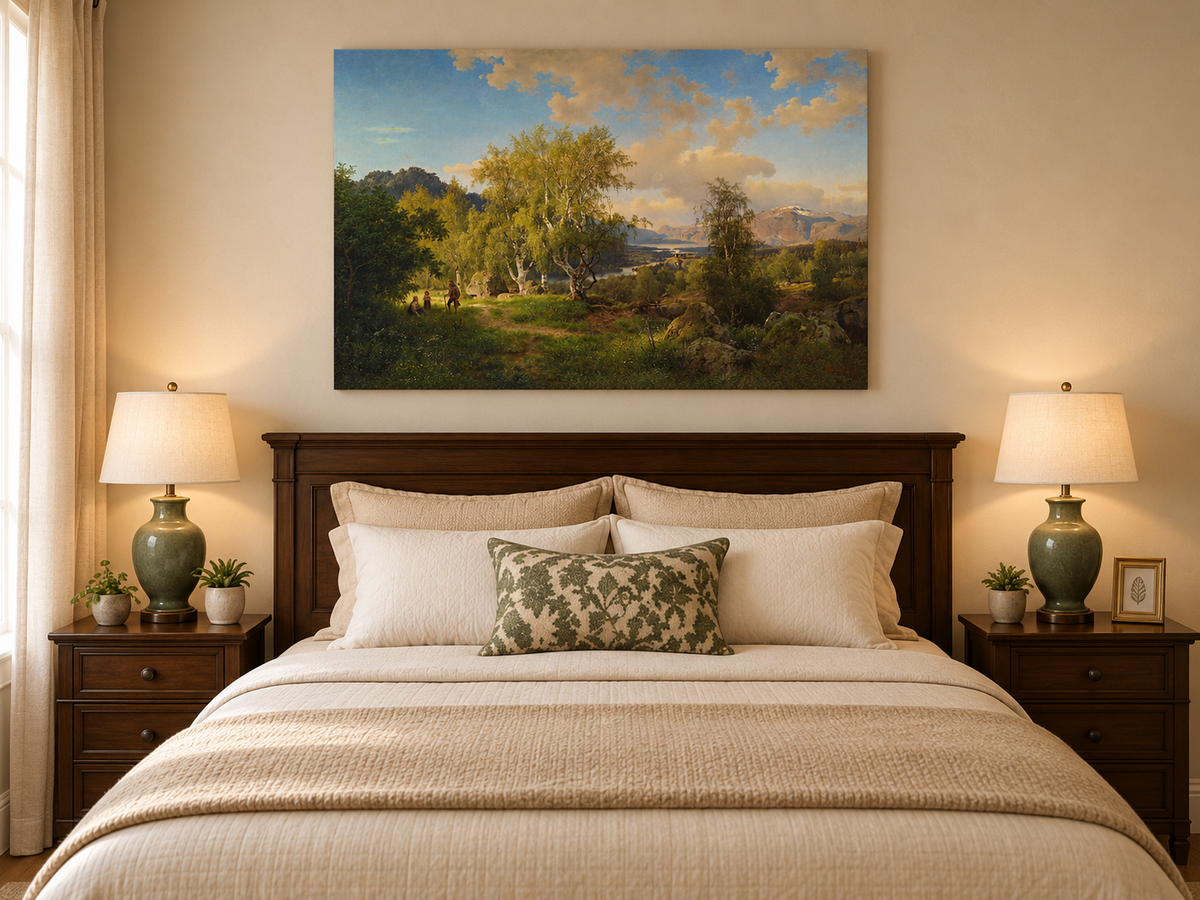 Landscape Oil Painting - Sunlit Birch Grove & Mountain Lake