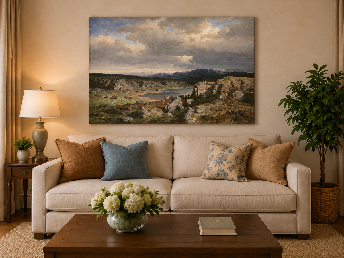 Ölgemälde Landschaft – Felsige Bergseenlandschaft & Himmel