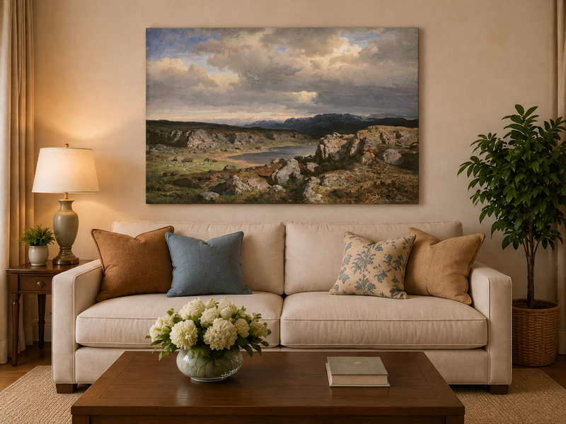 Ölgemälde Landschaft – Felsige Bergseenlandschaft & Himmel