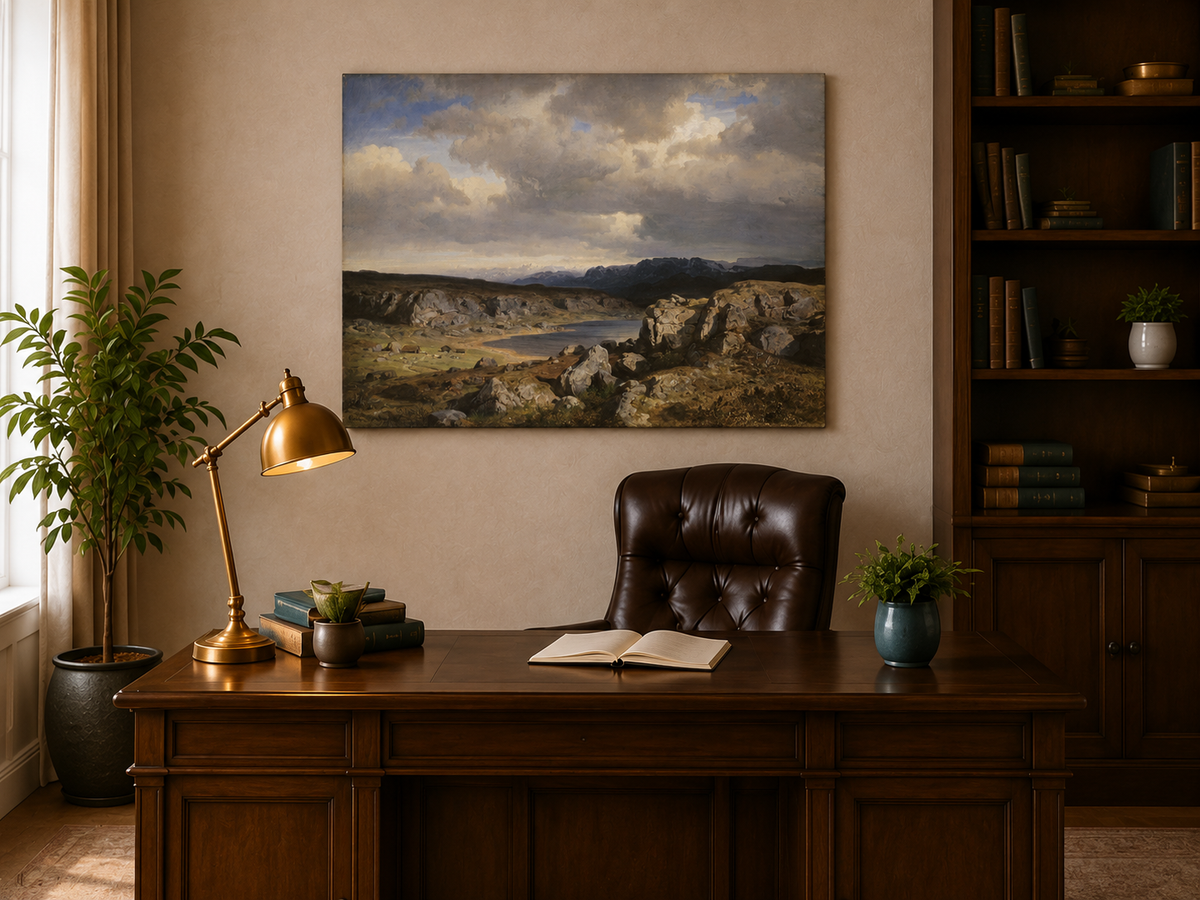 Ölgemälde Landschaft – Felsige Bergseenlandschaft & Himmel
