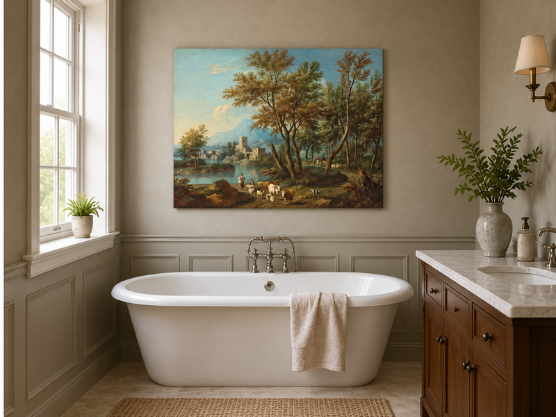 Peinture à l'huile de paysage - Gouffre rocheux spectaculaire avec personnages