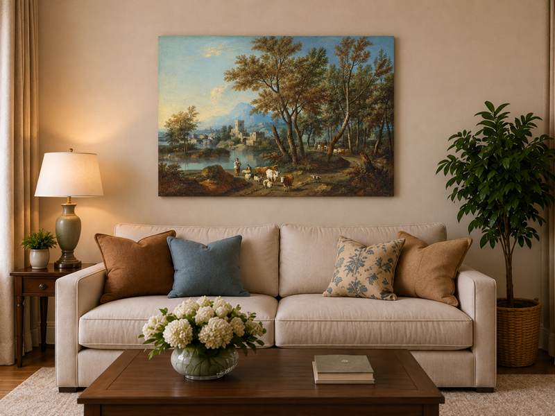 Peinture à l'huile de paysage - Gouffre rocheux spectaculaire avec personnages