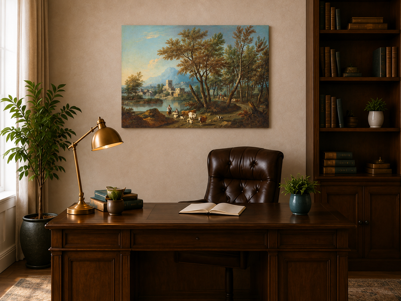 Peinture à l'huile de paysage - Gouffre rocheux spectaculaire avec personnages
