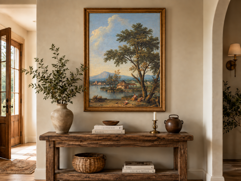 Peinture à l'huile de paysage - Rivière printanière avec pêcheur et arbres