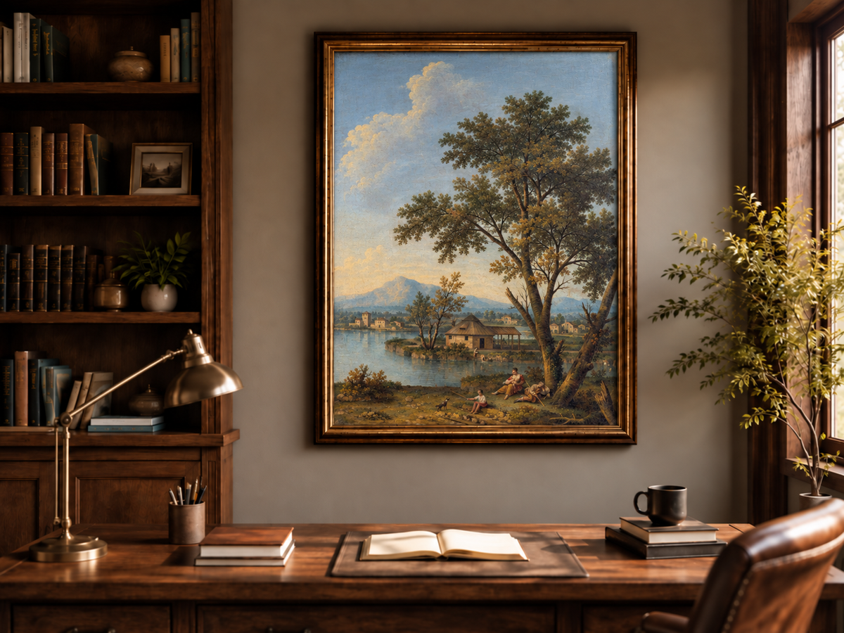 Peinture à l'huile de paysage - Rivière printanière avec pêcheur et arbres