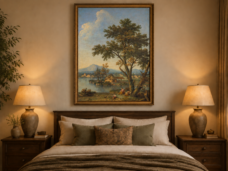 Peinture à l'huile de paysage - Rivière printanière avec pêcheur et arbres