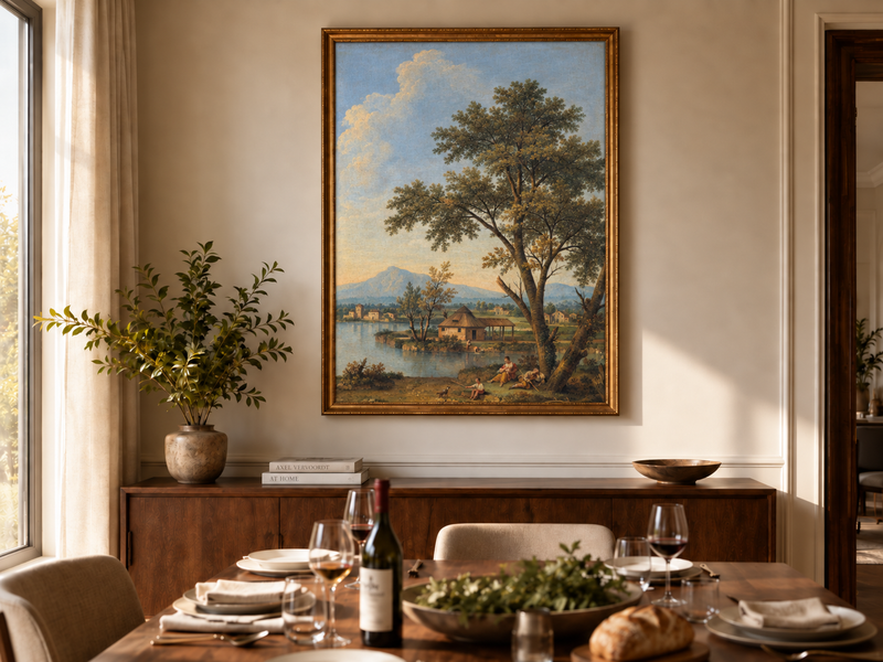 Peinture à l'huile de paysage - Rivière printanière avec pêcheur et arbres
