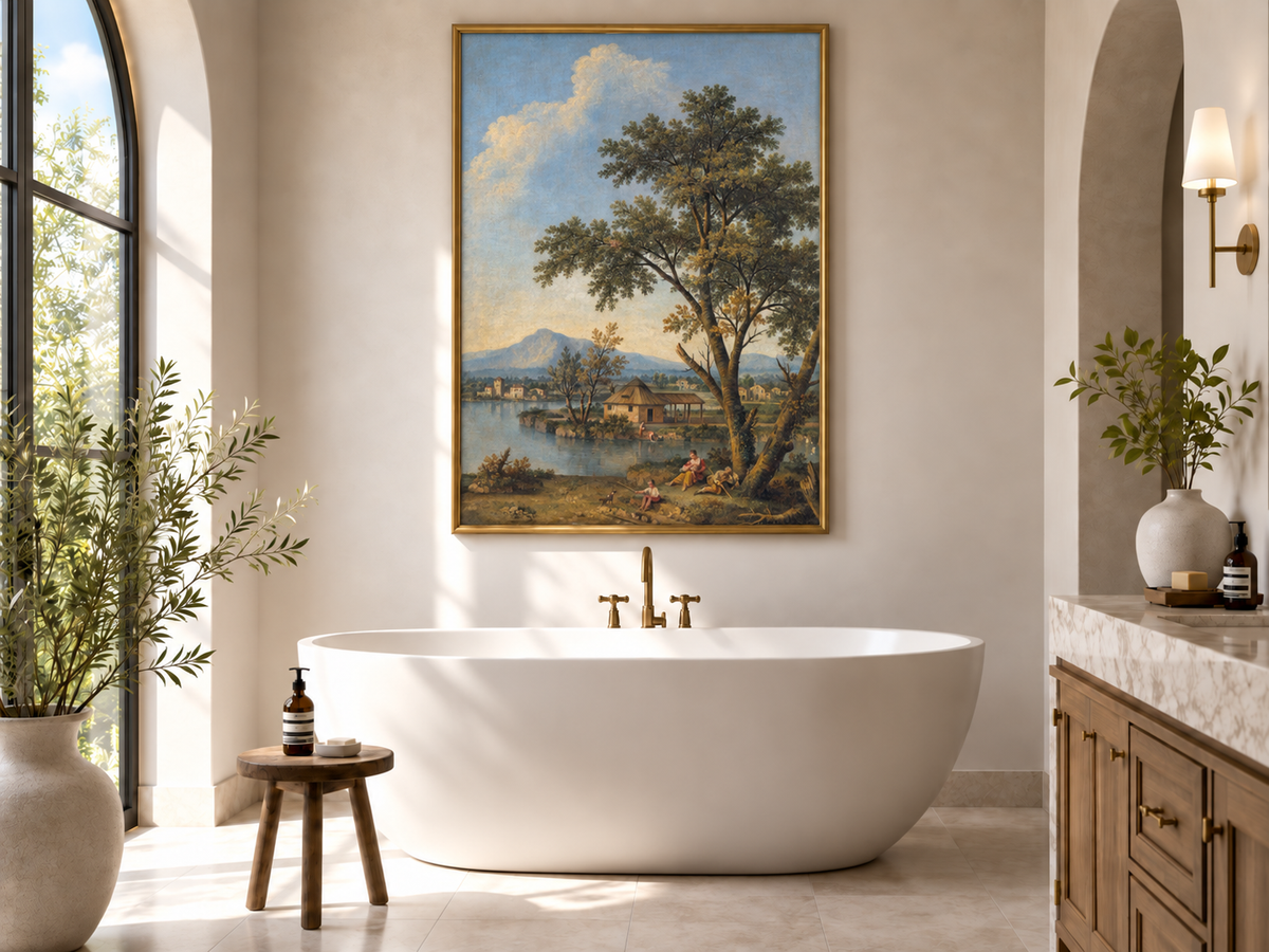 Peinture à l'huile de paysage - Rivière printanière avec pêcheur et arbres