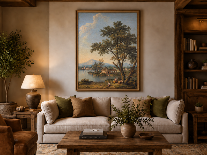 Peinture à l'huile de paysage - Rivière printanière avec pêcheur et arbres