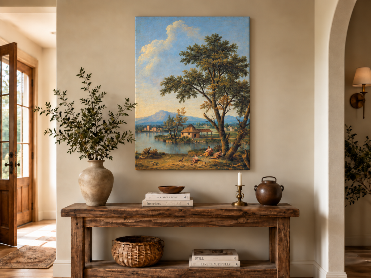 Peinture à l'huile de paysage - Rivière printanière avec pêcheur et arbres